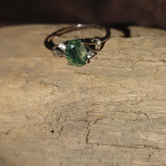 Moss Agate Ring Quartz Sterling Silver 925 Size 8 Oval Green Nature Earth Stamp - Picture 12 of 16